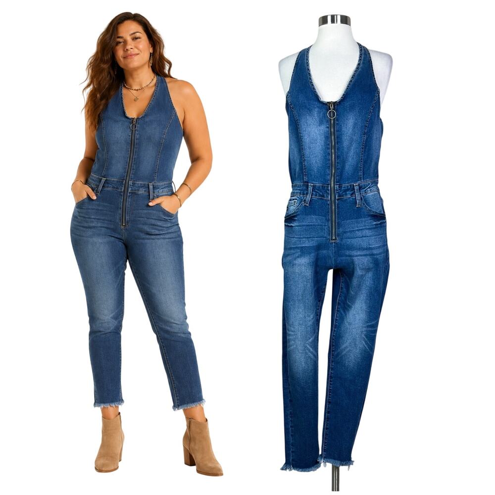 NEW KanCan | Denim Halter Zip Front Frayed Hem Blue Jean Jumpsuit Large